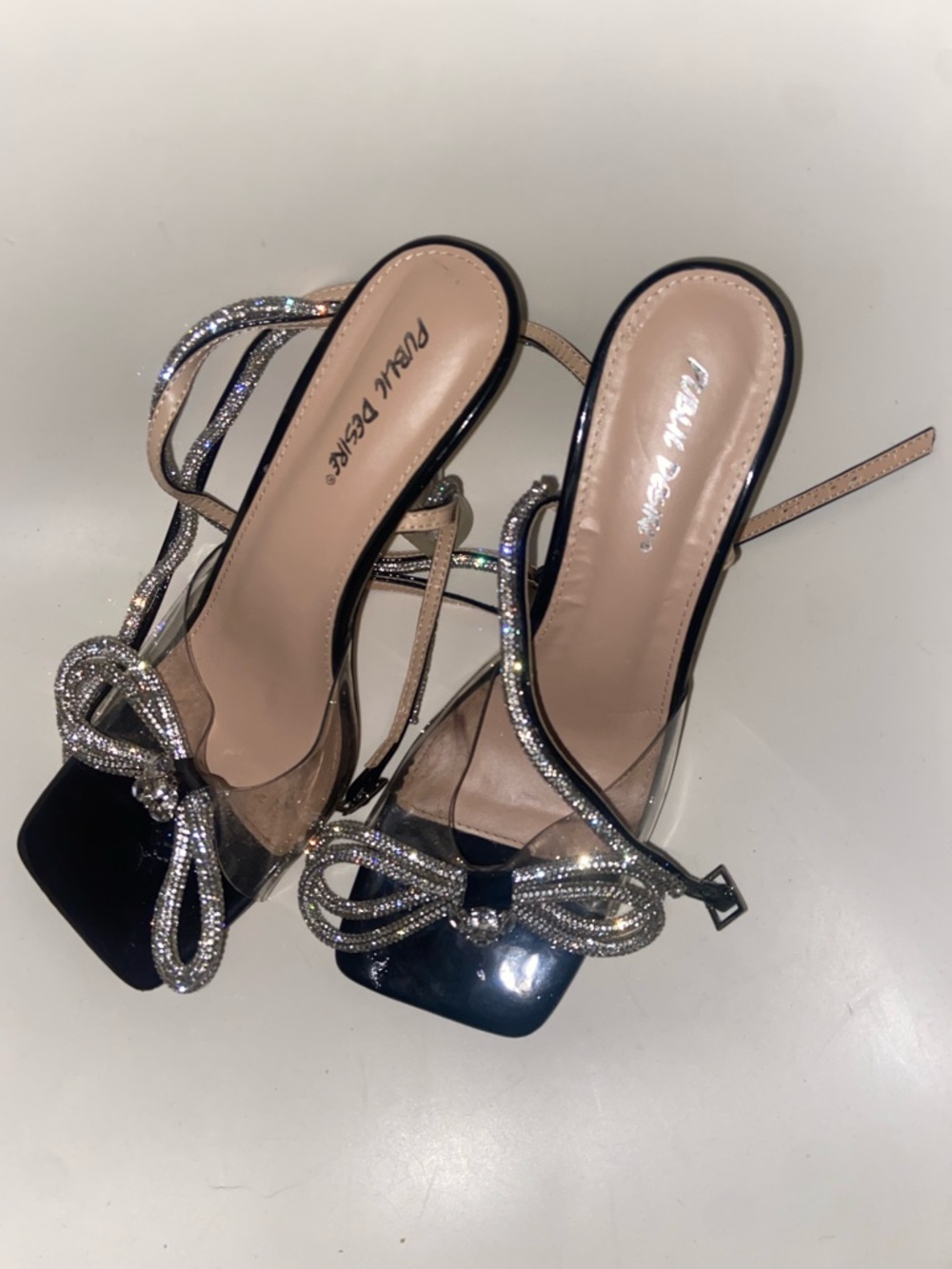 Public Desire Black Rhinestone Bow Clear-Strap Heels
